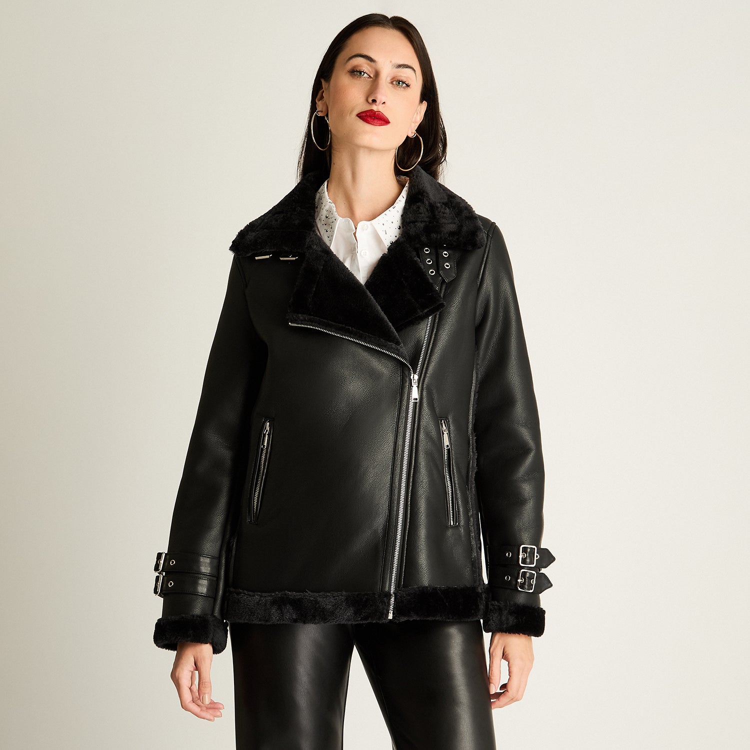 Chaqueta Bonded Con Hebilla En Mangas Negro